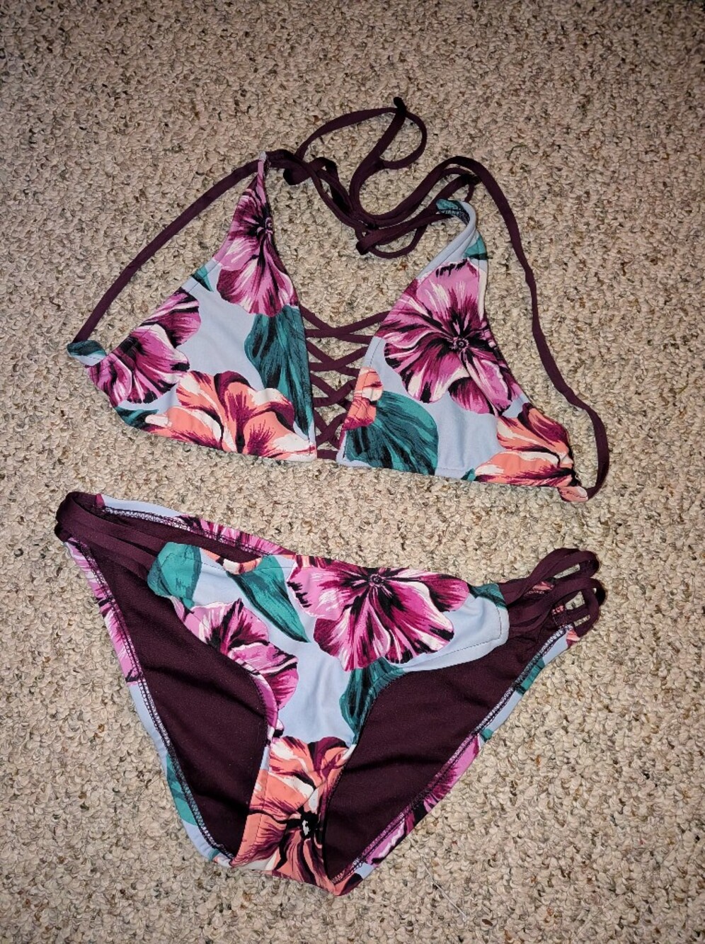 Mossimo Supply Co. Floral Two-Piece Bikini in Burgundy, Pink and Teal